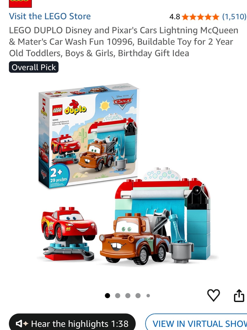 Lego DUPLO Cars Lightning McQueen Red and Mater Brown Car Wash Playset